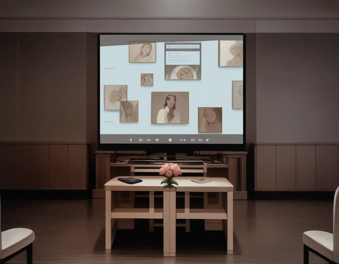 there is a The Big Picture in the middle of a room with chairs, masterpiece work of art, Projection Design Installation, gallery setting, large format image, Wall Digital Screen, masterpiece, Big video wall, movie, The Big Picture, Hyperrealism 8K, Hyperrealism 8 K, photo of the cinema screen, Widescreen Format, video art, Indoor Settings, flower, altar