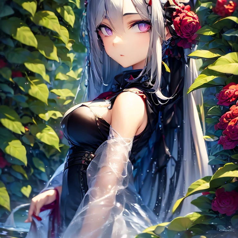 1girl, solo, beautiful detailed eyes, detailed light, depth of field, white hair, silver eyes, hair over one eye, red flower, hair flower, long hair, black cloak, wet, emotionless, looking back, night, starfall, raining, fog, red flowers falling, sketch, upper body, intense shadows