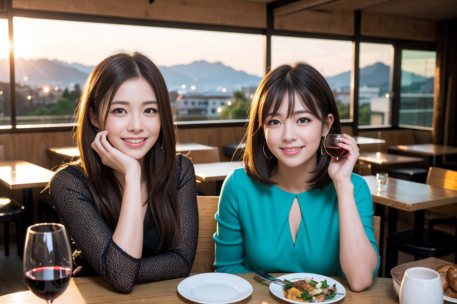 ((Highest quality、8K、masterpiece:1.3))、Yuuko Araki、slimカップル、ピンクmodelカップル、(Realistic, Intricate details:1.2), full-course dinner、Wine Party、Amazing view of the sunset sky and clouds、A bright smile、The wonderfulness of smile、Bright image、The beauty of wine, Beautiful Face, blue eyes, The light shines on your face, Blushing, short hair,Bright Face、42 years old), 39 years old, red wine 、Appetizers、Italian food、Wine bottle、Champagne、sparkling wine、Two beauties、Brown Hair、Shortcuts、Long sleeve shirt、dress、Beautiful woman 1, (slimな顔), (The body is slim), (Brown Hair), (Shortcuts), cheeks turn a little red,Attractive beauty、restaurant, In a prominent place (From the waist up) Nova Frog Style, actress, model, Upper Body, White wine, slim, wine glass, 中央に置かれたwine glass, smile, (smile: 1.15), Beautiful fine grain, Depth f/2,saturation, High Contrast, Strong light and shadow,Moist Body:1.5、3D texture、Delicate eyes、Brown Hair、The hair is very shiny、