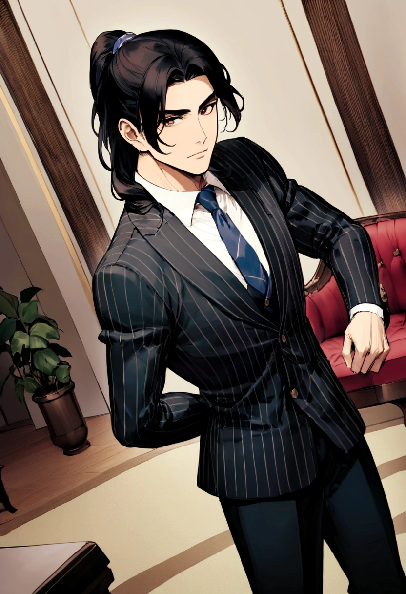 The character has his arms stretched out., dark hair (long hair, neck tied with ponytail.), Boas poses, handsome man, Face pretty, caucasiano, bearded indian face, royal elegant pose, business man, (in a striped blazer.), (The surrounding environment is an elegant and classic living room.) (Sand tone images)