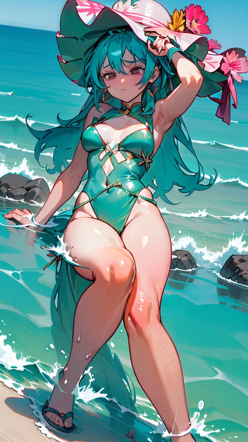 The Giantess Goddess with turquoise skin and coral pink eyes strides along a crowded beach. Her hair, a cascade of turquoise waves, crashes onto the shore, scattering beachgoers. Normal-sized people flee, but many are too slow, trampled underfoot. She scoops up those who remain, pressing them against her turquoise curves, their struggles fueling her pleasure.

