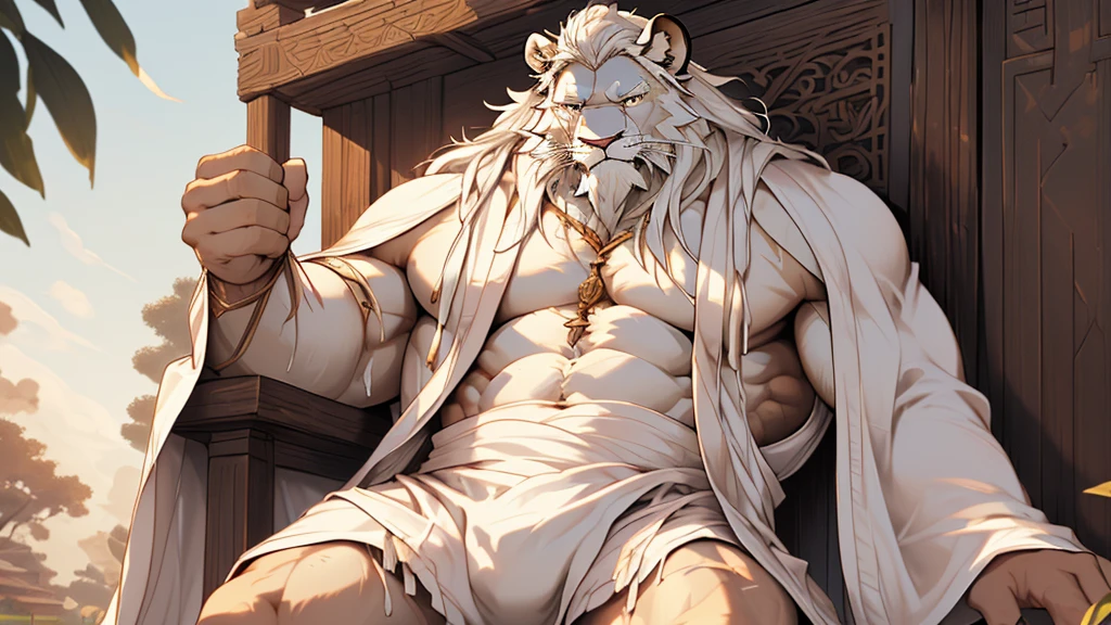 (masterpiece),(highres),(intricate details:1.4),extremely detailed,(illustration:1.2),8k,photorealistic,exquisite,,aged,elder male lion ,muscular,(bishop :1.7),(Ancient Greek mythological style;1.8),(loose white robe:1.6),manhood,safeguard,(white hair:1.3),long hair,long white beard,scar,(badly damaged),(sacrifice),hurt,broken body ,(bulging crotch:1.8),(homosexual),(naked upper body:1.7),(a serene face:1.9)