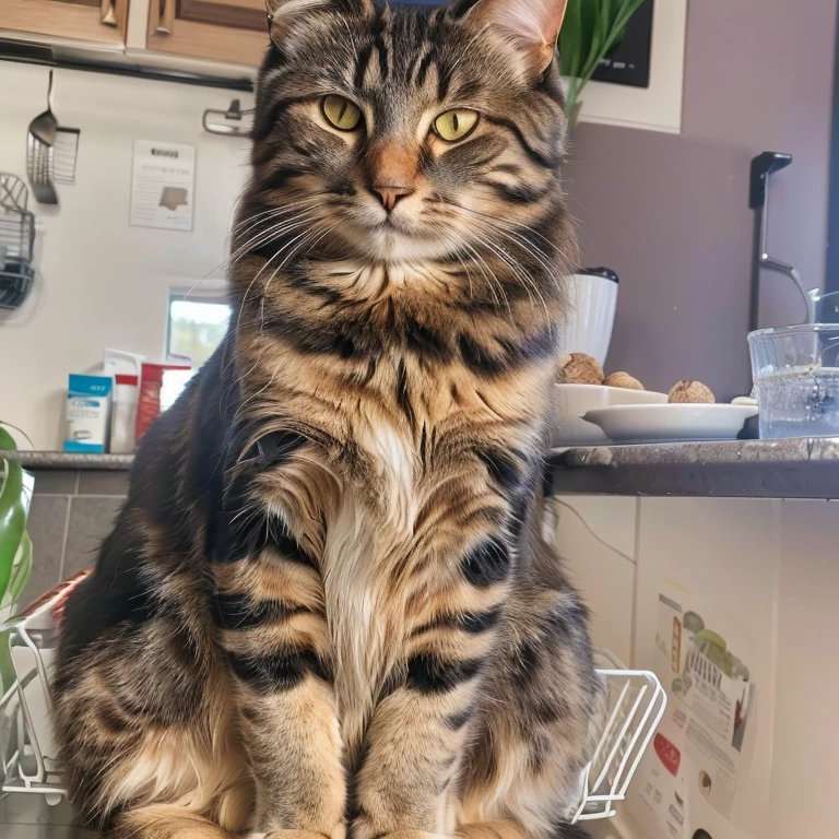 there is a cat sitting in a dishwasher in the kitchen, making a majestic pose, a handsome, sit casually, Cat on the table, Cat on the table in front of her, looking directly at the camera, awesome cat, on the kitchen table, sitting on his throne, Sitting at a table, Mischievous!!, proud looking away, proud look