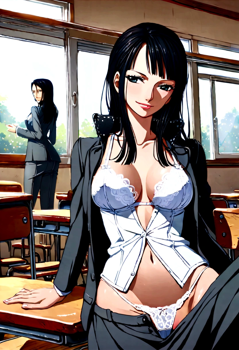 Nico Robin, long hair, black hair, gray tailored suit, open tailored suit, A white blouse, open blouse, white lace bra, medium breasts, slips thong, mid thigh skirt, spread legs, smiling, Classroom, noon.