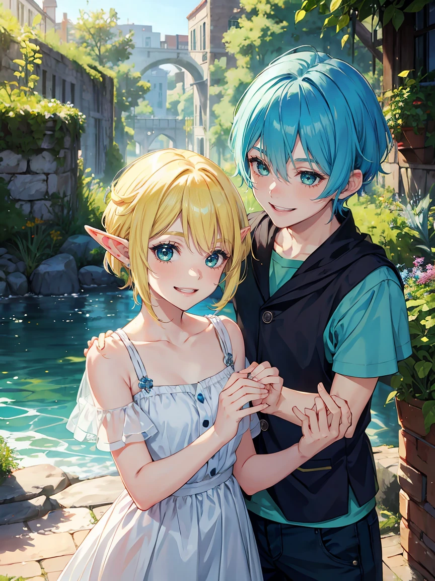 girl with blue hair playing with a blond haired green eyed elf boy, close friends, smiling, laughing, younger