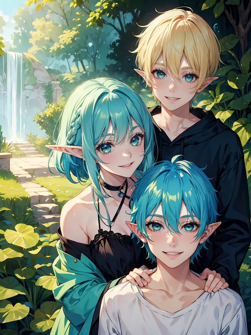 girl with blue hair playing with a blond haired green eyed elf boy, close friends, smiling, laughing, younger