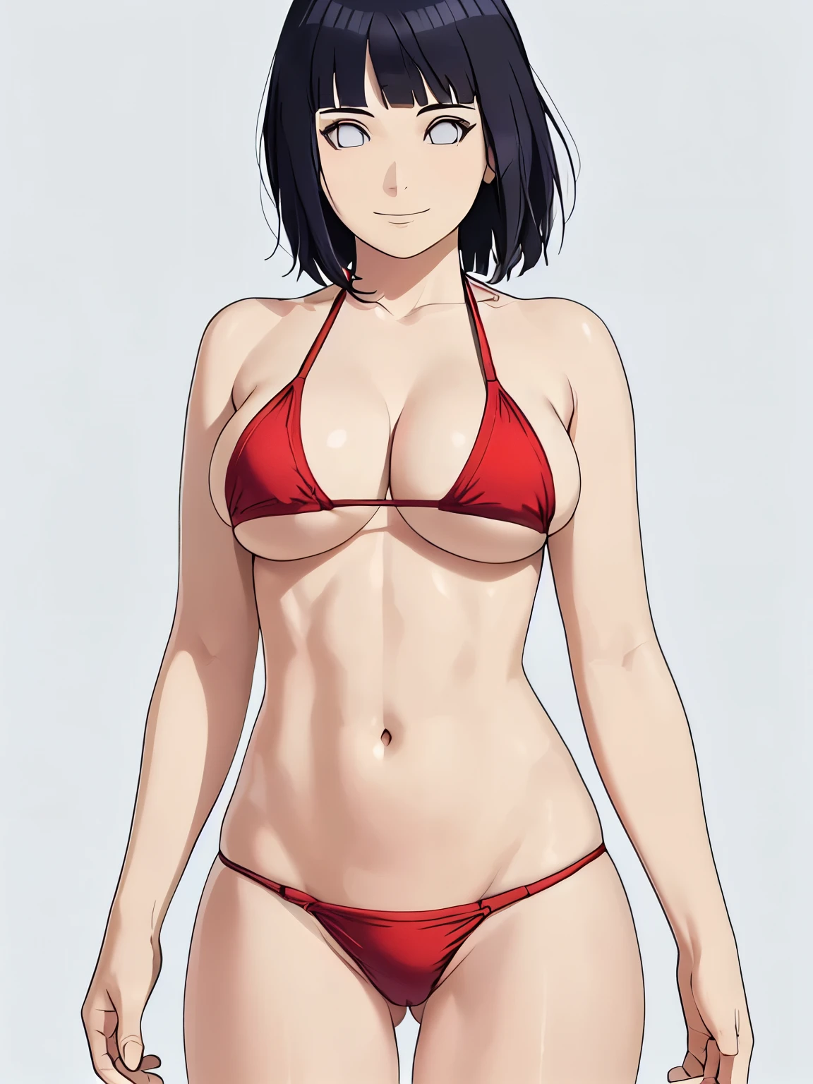 (hinata\(boruto\), (high quality:1.8), (anime, tall woman, cowboy shot, angle view, ((detailed and defined biceps:1.3), ((red bikini only and wear nothing else, red bikini only and wear nothing else, almost naked, bare arms, bare arms, bare shoulders)), (long belly:1.2), (wide shoulders, off-shoulders), smile), (big breasts:1.3) ,(tight cleavage), closed mouth), (posing for the viewer), ((pale skin)), ((dark blue, short hair, hime cut، loose hair, floating hair, floating hair), (background: simple white background only), (background: simple white background only), (background: simple white background only), (background: simple white background only), (background: simple white background only)