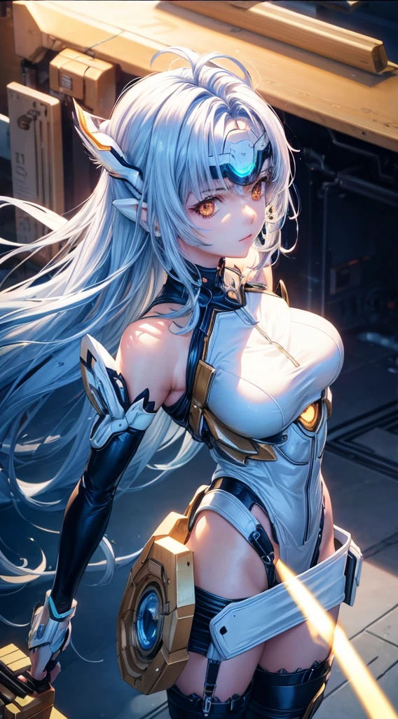 top-quality、masterpiece、超A high resolution、(Photorealsitic:1.4)、女の子1人、Light blue hair、Straight hair, shiny and clean hair、White shiny skin、Sexy Cyberpunk Girl、((super realistic details))、Shadow、octan render、ultrasharp、hyperdetailed face、Fiberglass、Luminous tube、highly intricate detail、Realistic light、CGSoation Trends、((Golden Eyes))、(Facing the camera)、neon detailechanical limbechanical vertebrae attached to the back、mechanical cervical attaching to neck、Wires and cables connecting to the head、((valkyrie))、((Beam Cannon))、Combat stance