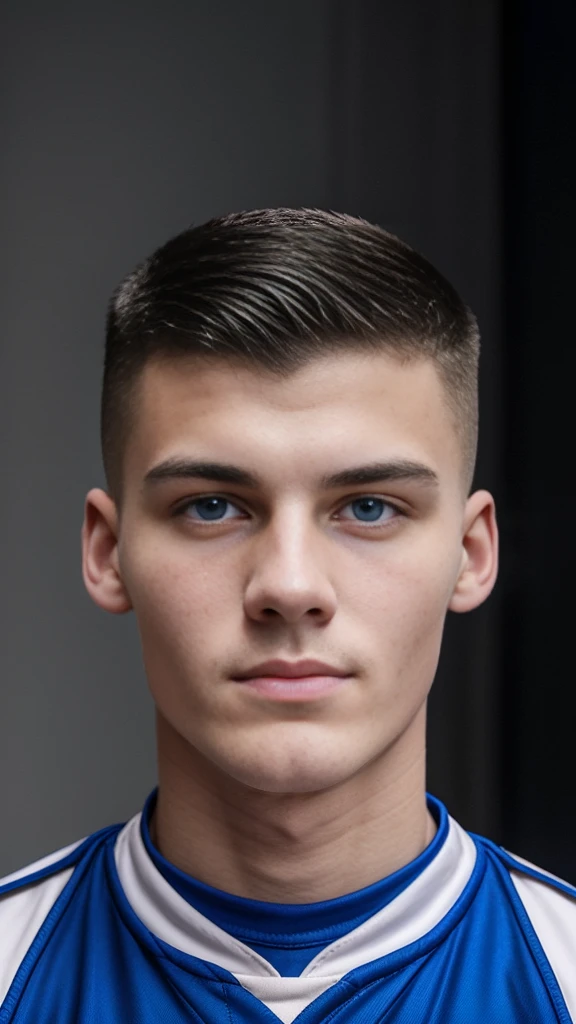  white teenage , 17 years old  , black hair, military haircut , fixed blue eyes, sharp features, no facial or body hair, height 1.90 , weight 90 kg, athletic build , six pack  , broad shoulders, wide back ,V-shaped body , perfil view, 