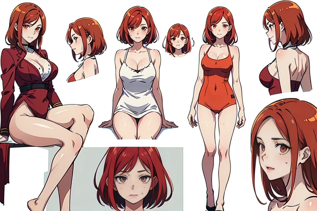 Highest quality,anime style, Detailed face, Character Sheet,(((young woman:1.5))), ((whole body:1.2)), Full of details, multiple postures and expressions, Very detailed, depth, ****ung woman, (masterpiece), 8KHighest quality, Expressive eyes, Perfect Face, High resolution, 1 Girl, alone,Character design sheet, (Redhead:1.5) (Female Body:1.3),smile, Medium Hair, (Orange eyes), (Female Body:1.3), clavicle, naked, Without clothes, Slender figure,Cleavage,seiza,Sitting pose, Blushed,Sweaty, glistening skin,Looking at the audience,(White background),Plain white background,