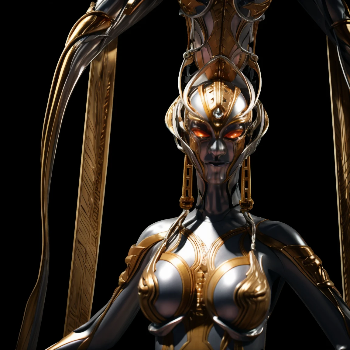 Carmeara, fullbody，anatomical correct, 3d，realistic，silver,copper_color, glowing light,8k resolution, machine aesthetics, intricate detail, hyper-realistic sci-fi, futuristic organic,(high key lighting),shiny bodysuit composed of various translucent mechanical parts, H.R. Giger aesthetic,cyberpunk aesthetic. baroque xenomorph,dust in light,foggy,bokeh,kodak film,kodak portra 400，Dark horror scene. Sharp images, Use edge lights to render at 8K resolution, HDR lighting creates complex and detailed shadows on a distorted background, a touch of supernatural horror to this already insanely terrifying masterpiece，dream-like, fantasy creation, biopunk ,thrilling color scheme, amazing mutation, fractal, Geometric pattern