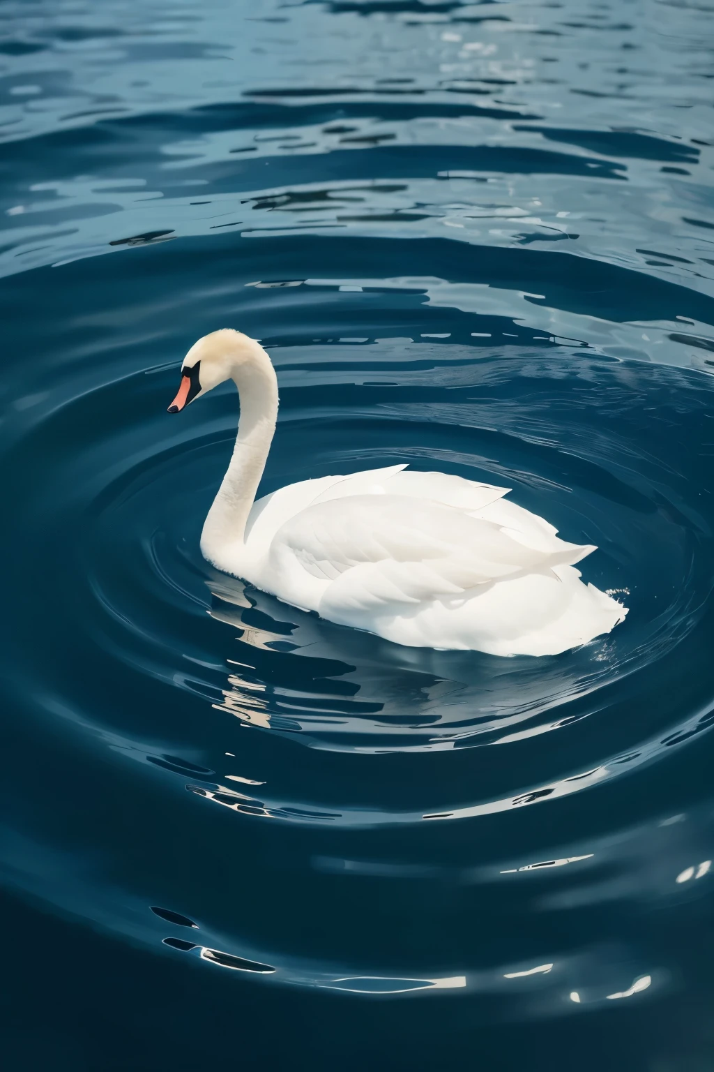 The lake of swan A beautiful swan swims in the deep blue lake An even bluer and darker screen A faint light shines from above From a distance