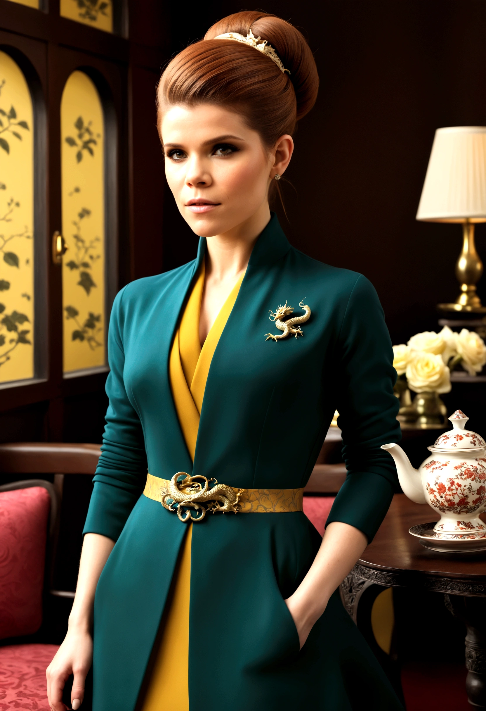 dragon lady outfit (Kate Mara), classic make up, classic flirting, lavish tea house
