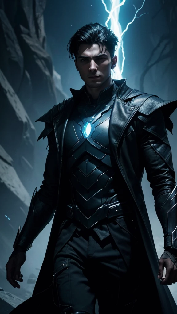 Hyperrealistic, The environment around the young man character is dark and intense, with hints of light that suggest a dynamic atmosphere. The background is mostly shadowy, which contrasts with the glowing blue accents and energy emanating from the character’s right hand. This creates a dramatic and futuristic setting, emphasizing the man character’s powerful and advanced nature.