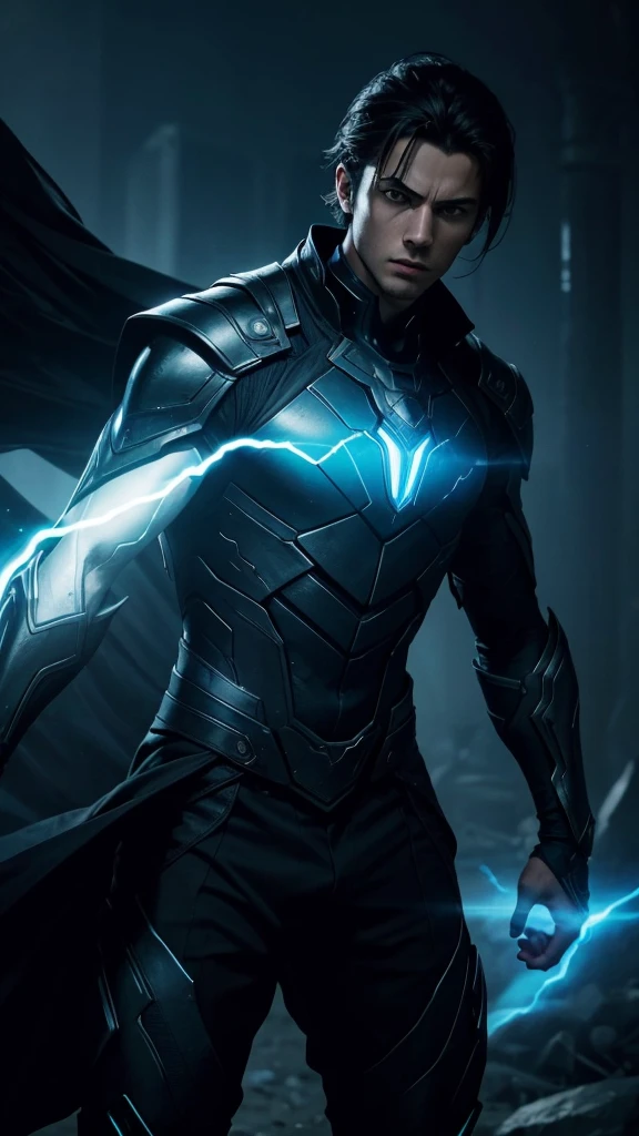 Hyperrealistic, The environment around the young man character is dark and intense, with hints of light that suggest a dynamic atmosphere. The background is mostly shadowy, which contrasts with the glowing blue accents and energy emanating from the character’s right hand. This creates a dramatic and futuristic setting, emphasizing the man character’s powerful and advanced nature.