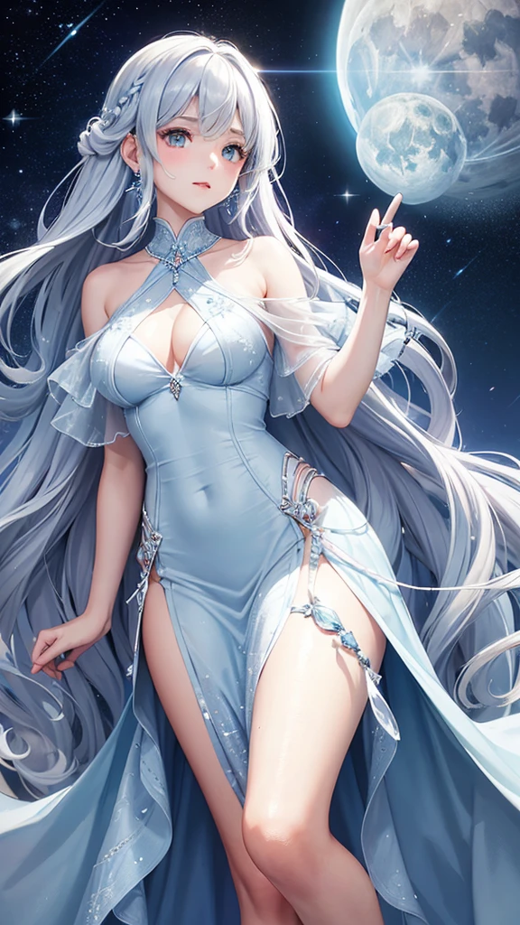 Silvery long curly hair shines,Eyes light blue like a diamond,The whole body exudes a hint of coolness,Wearing a light blue long gauze dress with sparkling jewelry embellishment,A girl as beautiful as the moon, shining all over