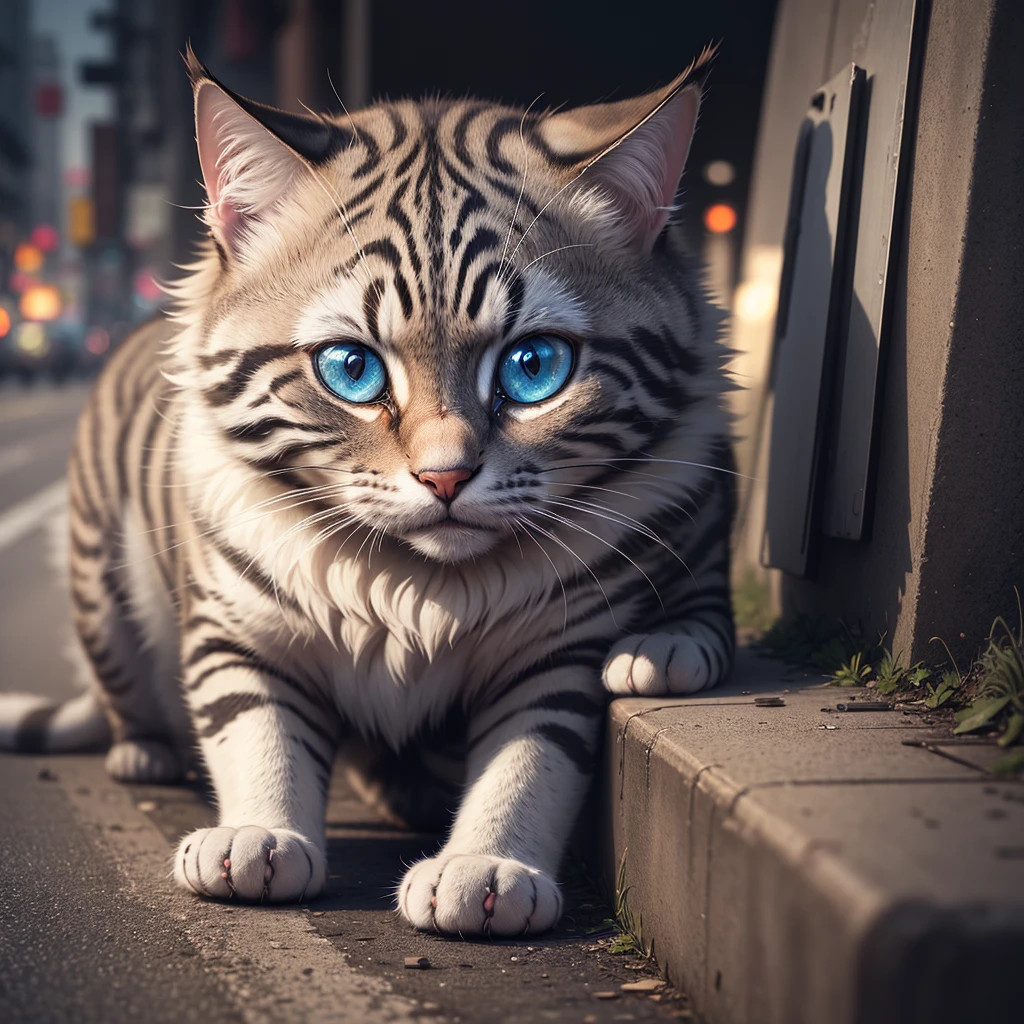 a sad and depressed cat, crying with beautiful detailed eyes, extremely detailed face, intricate fur details, in the middle of an empty abandoned street, hopeless and dejected expression, moving portrait of loneliness and helplessness, cinematic lighting, dramatic shadows, muted color palette, photorealistic, masterpiece