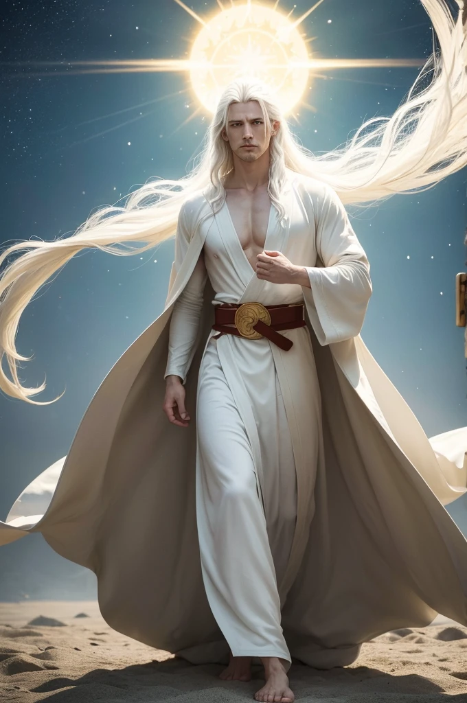 A man dressed in a long robe reaching to his feet and girded across his chest with a golden belt. And his head and his hair were white as white wool, like snow, in their eyes they had a flame of fire, and his feet like shining brass, in his right hand were seven stars, and his face shone like the sun