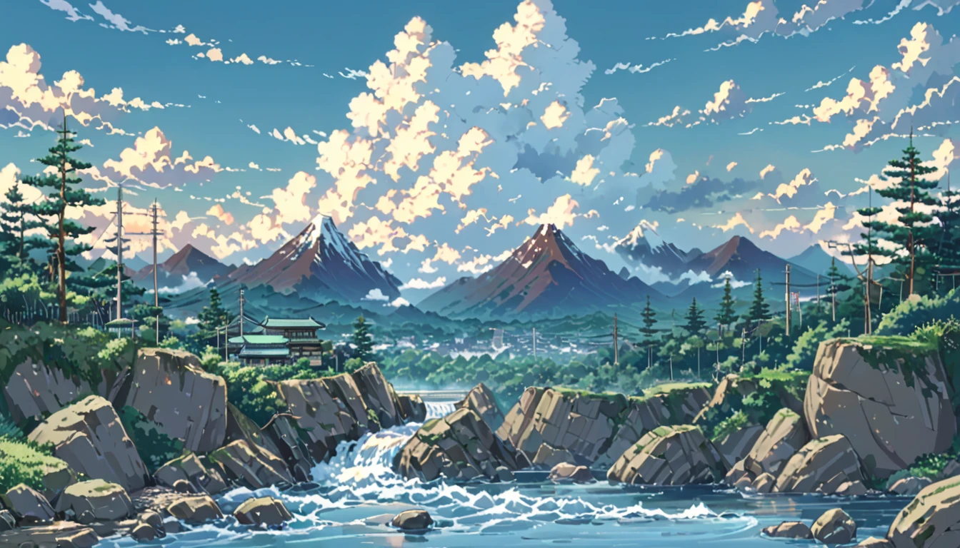 ((Anime: 1.4, Illustration)), (Masterpiece, Top Quality, Best Quality), (Ultra-Detailed, Absolutely Resolution), ((16k, HIGH RES)) (Naruto's back as he stands on top of a rocky mountain. Naruto looks small and distant. Blue sky, cumulonimbus clouds, and a valley and river below the rocky mountain), ( Anime: 1.4, Illustration)), (Masterpiece, Top Quality, Best Quality), (Ultra-Detailed, Absolutely Resolution). Ak {Lofi Art, Style of Laurie Greasley, Style of Makoto Shinkai, Anime Aesthetic}, BREAK {(Produces IMAGES WITH ITH INFORMATION THAN 40 Million Pixels with Cinematic-Like Detailed Textures S Hot on a Sony slur).}