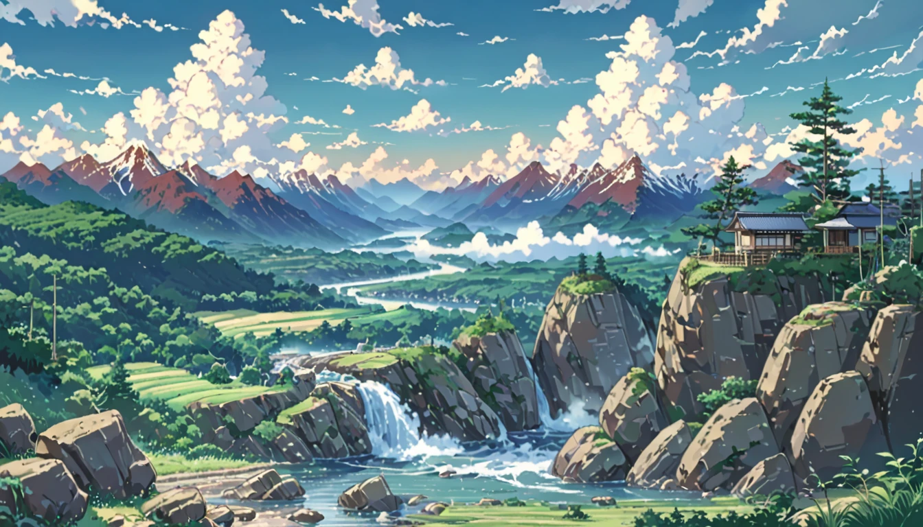 ((Anime: 1.4, Illustration)), (Masterpiece, Top Quality, Best Quality), (Ultra-Detailed, Absolutely Resolution), ((16k, HIGH RES)) (Naruto's back as he stands on top of a rocky mountain. Naruto looks small and distant. Blue sky, cumulonimbus clouds, and a valley and river below the rocky mountain), ( Anime: 1.4, Illustration)), (Masterpiece, Top Quality, Best Quality), (Ultra-Detailed, Absolutely Resolution). Ak {Lofi Art, Style of Laurie Greasley, Style of Makoto Shinkai, Anime Aesthetic}, BREAK {(Produces IMAGES WITH ITH INFORMATION THAN 40 Million Pixels with Cinematic-Like Detailed Textures S Hot on a Sony slur).}