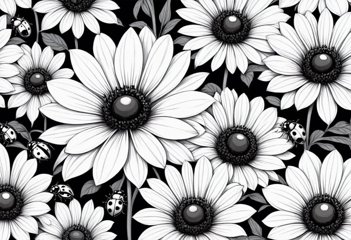 beautiful flower design with ladybugs, On white background, monochrome, black andwhite, no shadows, white background