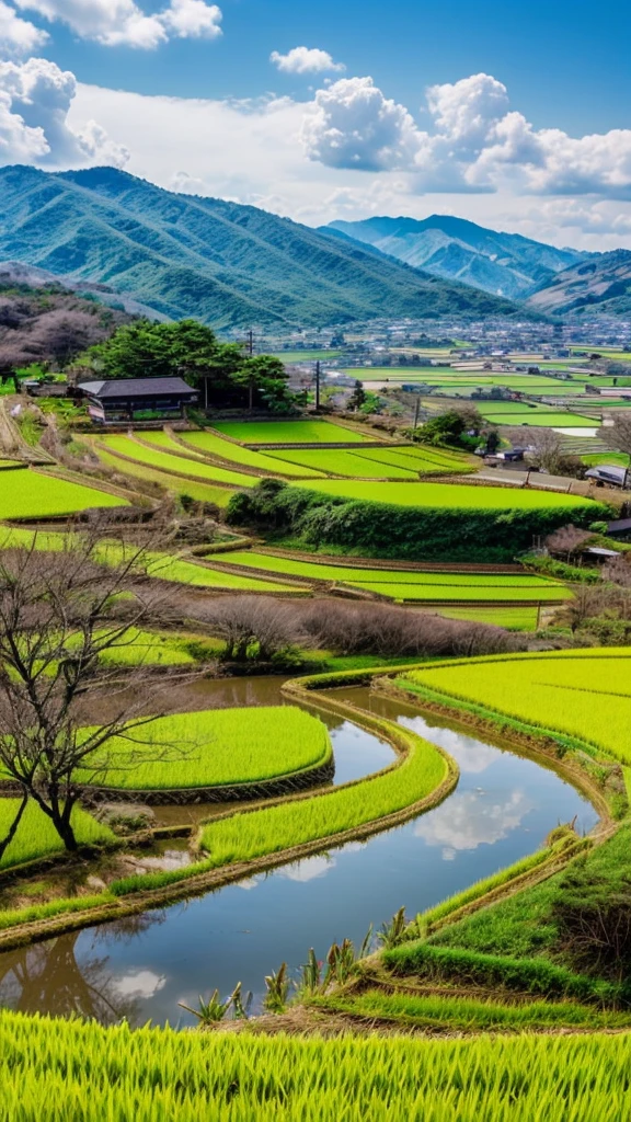 cloudy day, countryside view of Japan, paddy fields,small streams, sakura tree, blue sky, hills, trees, landscape, nature view 
