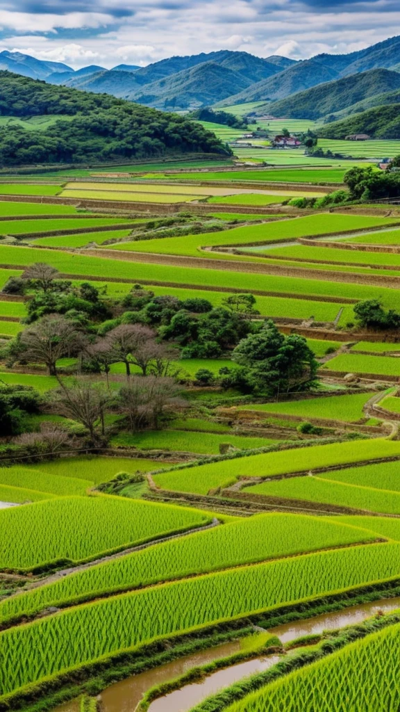 cloudy day, countryside view of Japan, paddy fields,small streams, sakura tree, blue sky, hills, trees, landscape, nature view
