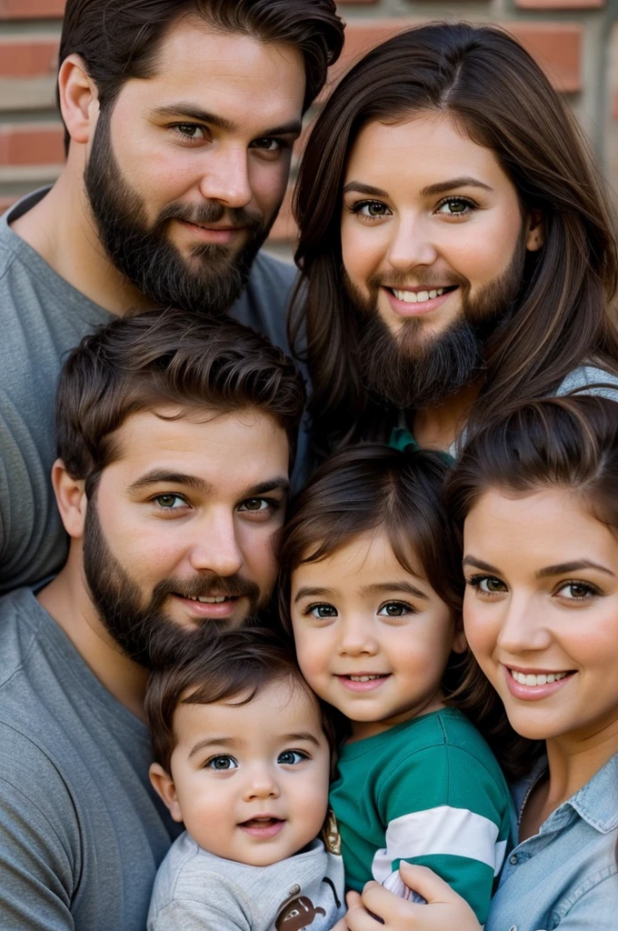 I want a cell phone wallpaper photo that is of a family of 1 woman, 1 man, 1 9  and a 4 year old boy, he following descriptions: a tall chubby woman with hair color chocolate copper green eyes, tall slim man black hair with beard brown eyes, 9 month old girl brown h eyes and 4 year old boy brown hair brown e