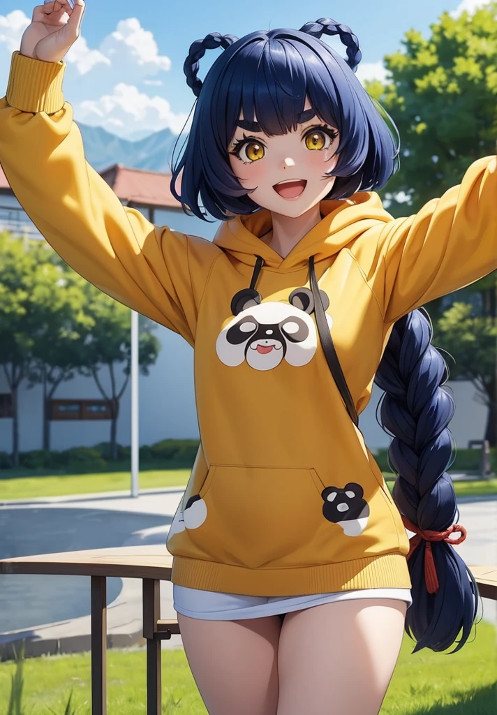 Masterpiece, Best Quality, 1 girl, Xiangling (genshin impact), selfie, SMILE, hair ornament, IN, looking at the viewer, yellow eyes, short hair, :d, fringe, hair pin, Open mouth, long sleeves, thick eyebrows, Hoodie, >_<, blue hair, puesta de sun, Casual, blurred, Arm raised, fringe romo, Upper part of the body, suno, disfraz alternatiINo, sun, reaching the viewer, Xd, sweater, outdoor, braid, panda, mountain, depth of field, sky