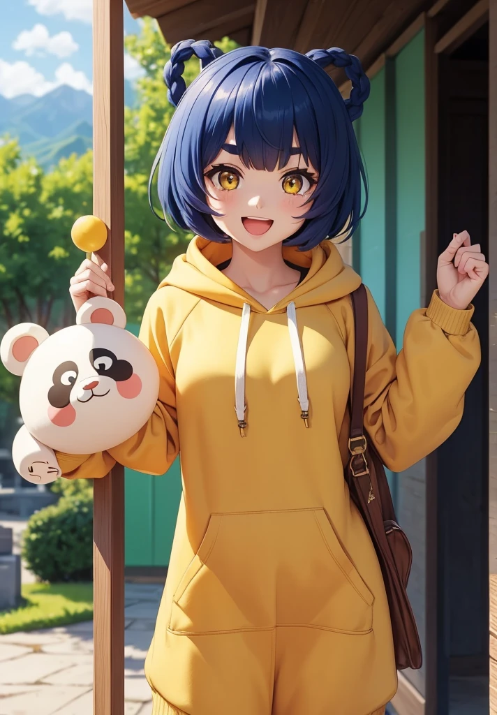 Masterpiece, Best Quality, 1 girl, Xiangling (genshin impact), selfie, SMILE, hair ornament, IN, looking at the viewer, yellow eyes, short hair, :d, fringe, hair pin, Open mouth, long sleeves, thick eyebrows, Hoodie, >_<, blue hair, puesta de sun, Casual, blurred, Arm raised, fringe romo, Upper part of the body, suno, disfraz alternatiINo, sun, reaching the viewer, Xd, sweater, outdoor, braid, panda, mountain, depth of field, sky