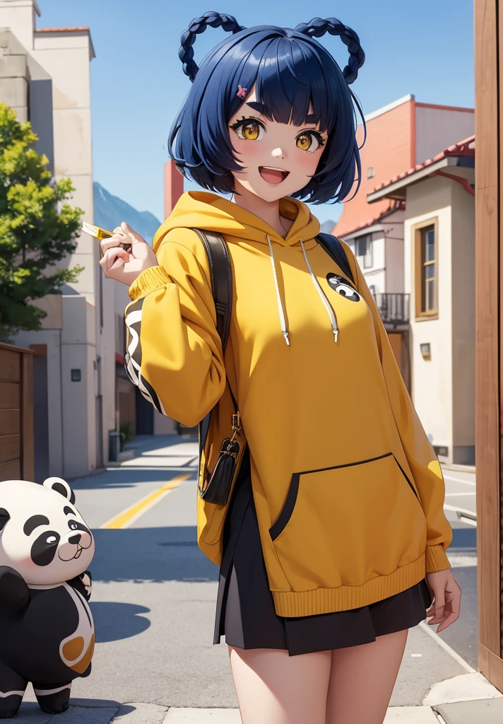 Masterpiece, Best Quality, 1 girl, Xiangling (genshin impact), selfie, SMILE, hair ornament, IN, looking at the viewer, yellow eyes, short hair, :d, fringe, hair pin, Open mouth, long sleeves, thick eyebrows, Hoodie, >_<, blue hair, puesta de sun, Casual, blurred, Arm raised, fringe romo, Upper part of the body, suno, disfraz alternatiINo, sun, reaching the viewer, Xd, sweater, outdoor, braid, panda, mountain, depth of field, sky