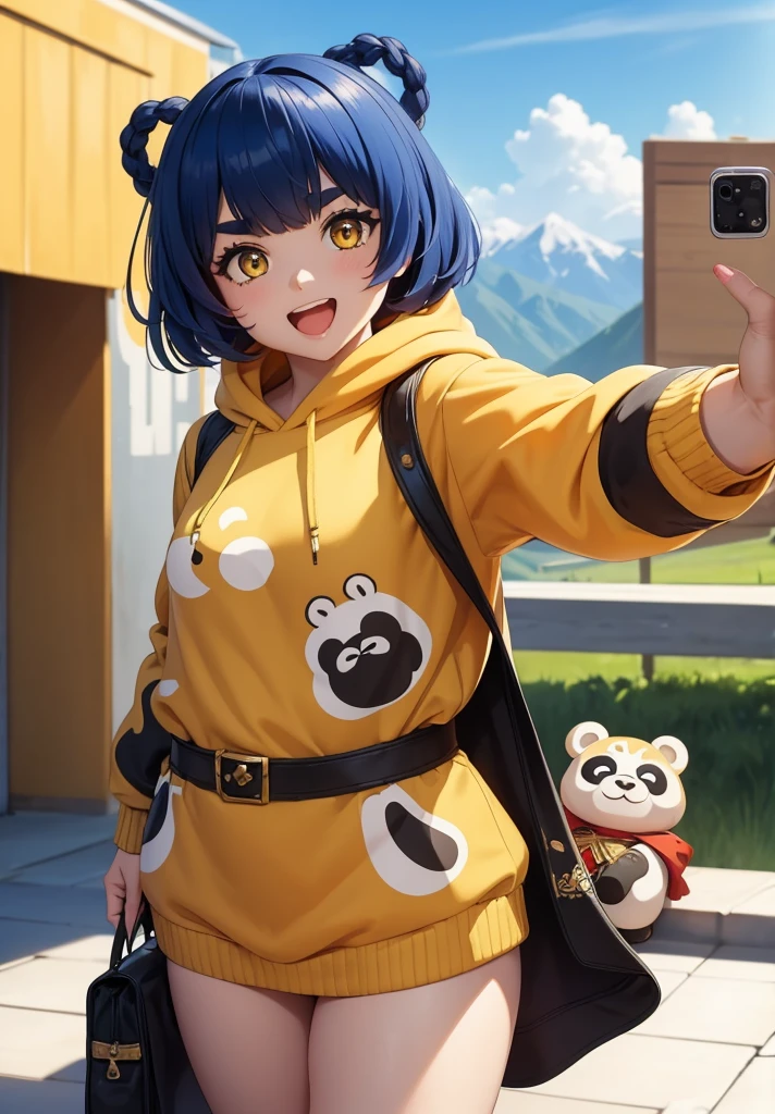 Masterpiece, Best Quality, 1 girl, Xiangling (genshin impact), selfie, SMILE, hair ornament, IN, looking at the viewer, yellow eyes, short hair, :d, fringe, hair pin, Open mouth, long sleeves, thick eyebrows, Hoodie, >_<, blue hair, puesta de sun, Casual, blurred, Arm raised, fringe romo, Upper part of the body, suno, disfraz alternatiINo, sun, reaching the viewer, Xd, sweater, outdoor, braid, panda, mountain, depth of field, sky