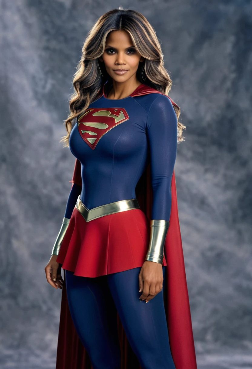 masterpiece, best quality, (high resolution: 1.2), highly detailed, (detailed skin: 1.1), realistic, analog photography,; image with blurred background; foto tirada por fotógrafo profissional; ; Halle Berry 1984 Supergirl movie costume (((long hair Grey)))