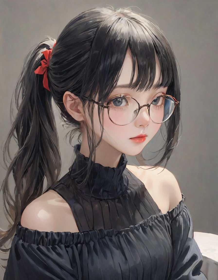 Tabletop, highest quality, Very delicate and beautiful girl,Very delicate and beautiful, Silky black hair、Gray pupil、Very detailed_face_pupil, Very detailed, highest quality, High resolution, Very detailed,1 girl, highest quality, shape, Looking at the audience, Genuineistic, realist ,Genuine, oil painting, Wearing glasses, gradient hair color, ponytail, Off-shoulder、Crop topping、Showing thighs, full body