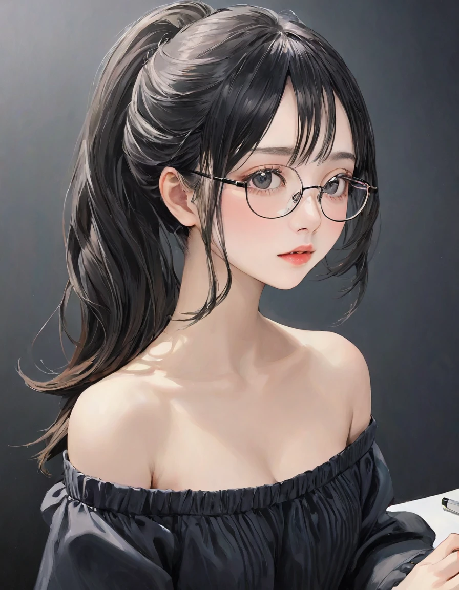 8k wallpaper, masterpiece, Cinema Lighting, Highest quality, figure, Elevation, ((color: 1.1)), ((color inner hair: 1.4)), One person, alone, Long Hair, water, blue eyes, Black glasses, choker, Lips parted, white choker, Liquid Hair, Black Hair, bangs, from ~ side, ~ side, Upper Body, Simple Background, 灰colorの背景, Exposing shoulders, Portraiture, Looking at the audience, White Dress, Hair between the eyes,Luxurious background、Earrings