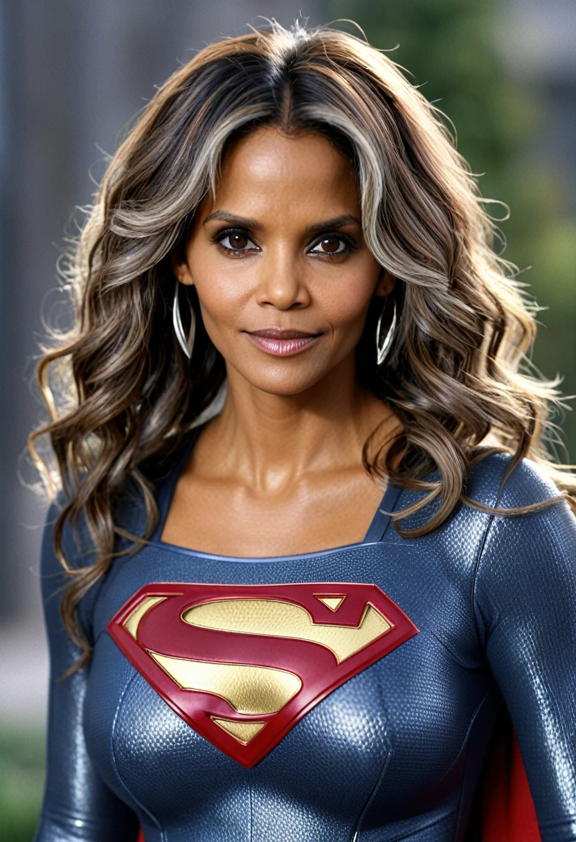 masterpiece, best quality, (high resolution: 1.2), highly detailed, (detailed skin: 1.1), realistic, analog photography,; image with blurred background; foto tirada por fotógrafo profissional; ; Halle Berry 1984 Supergirl movie costume (((long hair Grey)))