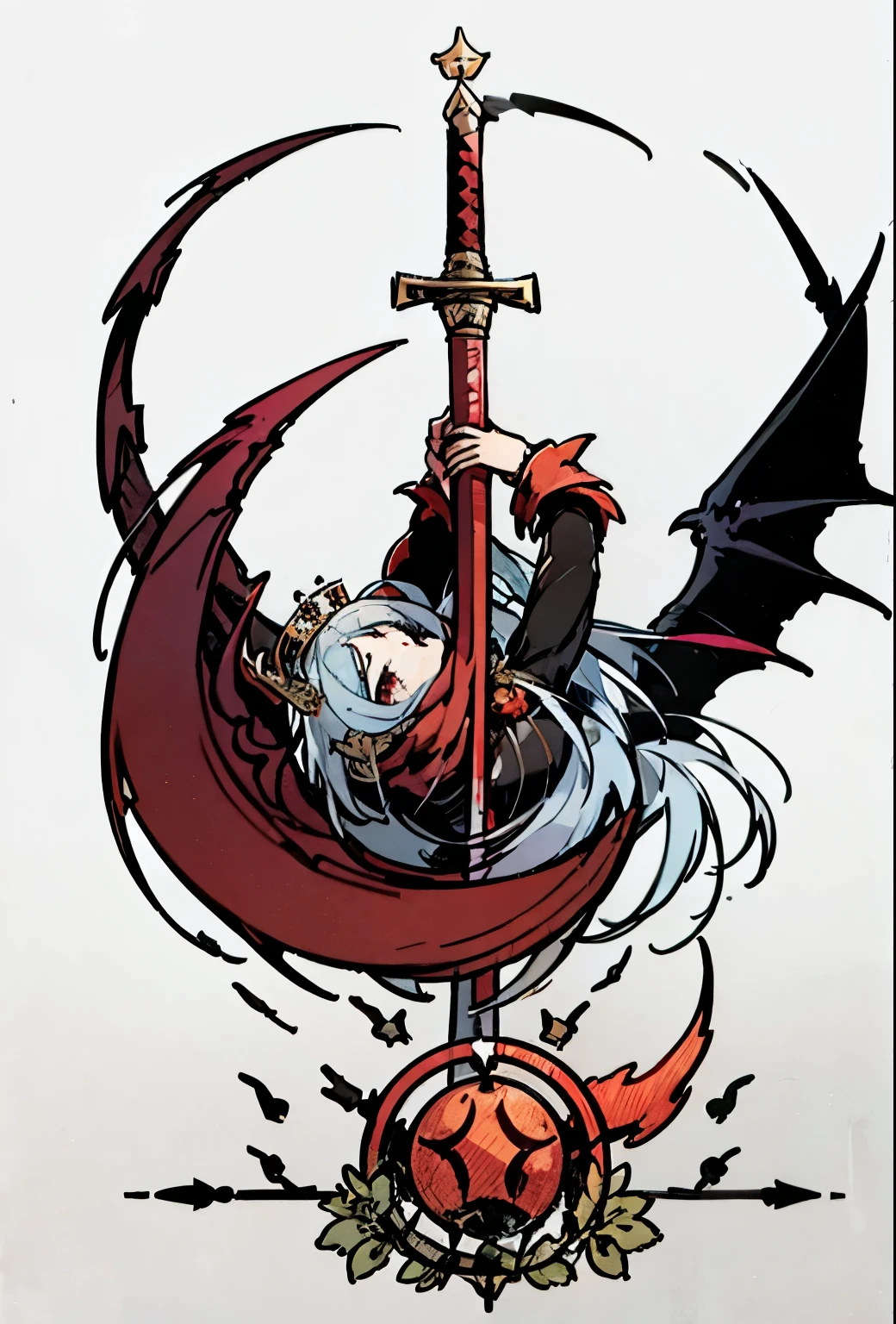 Sin, lucifer the fallen, crown of pride, the sin of pride, by bestiary_style, masterpiece, best quality, high detailed face, solo, black sword in blood, lunatic hunter, staring at the viewer, victory pose, cruel hunter, holding the sword with the hand, half demon, half angel, half dragon, RPG, rpg class, class design, rpg character, rpg game, by bestiary_style, masterpiece, best quality, perfect arms, perfect hands, high detailed hands, best quality hands, perfect fingers, high detail face, best position