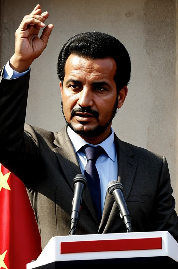 Create the image of a 40-year-old Moroccan male politician giving a 1970s-oriented Soviet Union-style speech 