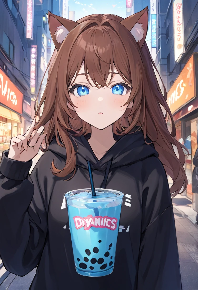 A girl with cat ears is holding up two peace signs and drinking boba tea in an anime city. She has blue eyes and long brown hair. She's wearing a black hoodie that says "i dynamics" on it. There are glowing symbols around her in the style of an anime aesthetic.