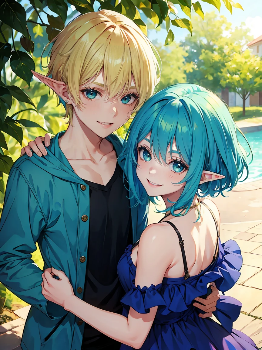 girl  with blue hair playing with a blond haired green eyed  elf boy, close friends, smiling, laughing, younger