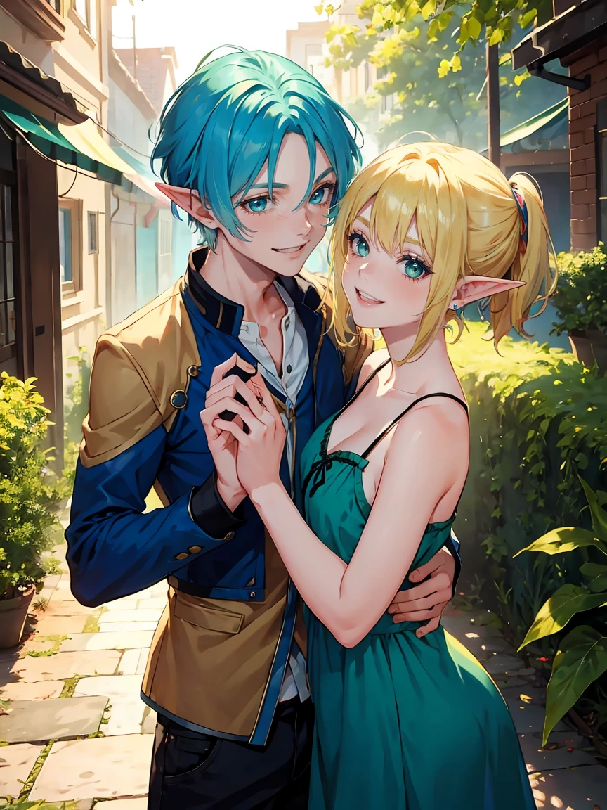 girl with blue hair playing with a blond haired green eyed elf boy, close friends, smiling, laughing, younger