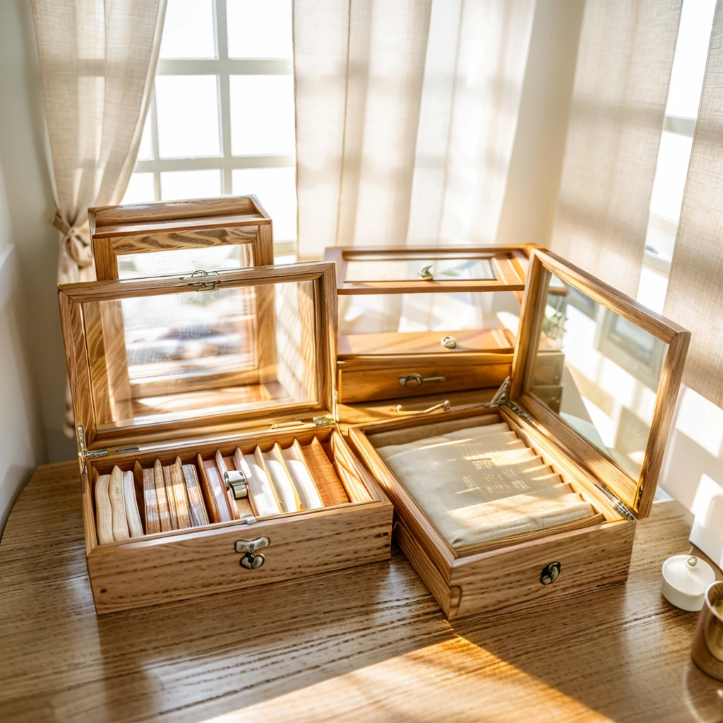 In this cozy room，A ray of sunlight shone through the half-drawn curtains on the table，Let the wood grain on the watch storage box shine with a faint luster。There was a calm and peaceful atmosphere in the air around them。There are several still lifes hanging on the walls of the room，It adds a touch of elegance to the space。And on the other side of the room，The half-open window lets in the breeze，The pages on the small desk by the window turned in the wind，This quiet scene gives a sense of tranquility and comfort。
