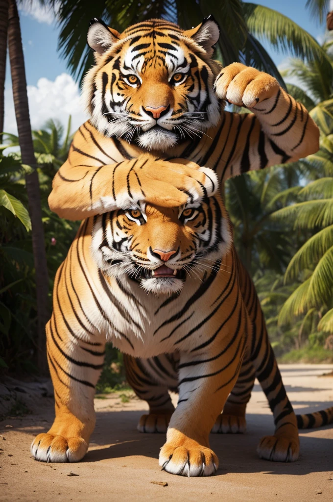 Make a strong Tiger facing and standing holding a coconut