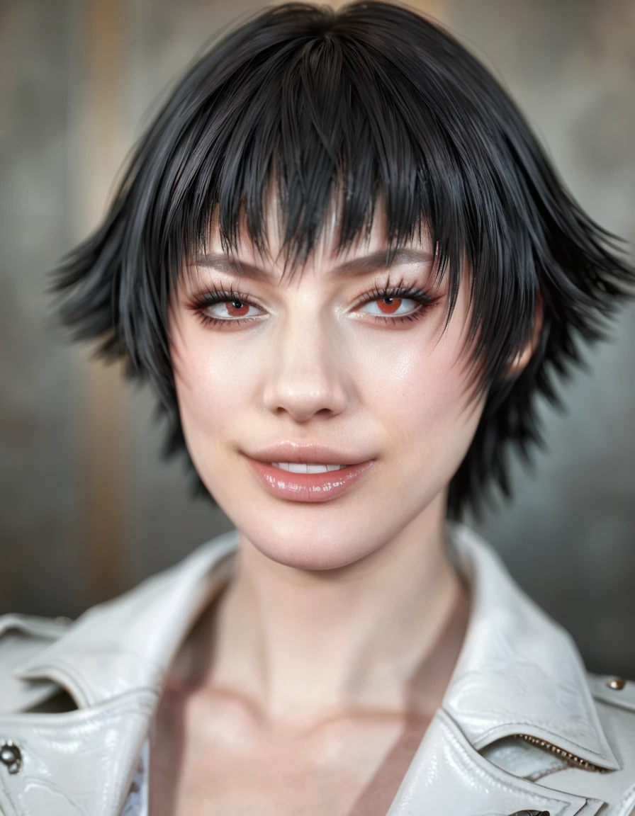 (best quality:1.2), lady (from devil may cry 5:1.1), white jacket, perfect face, portrait, perfect face, naughty face
