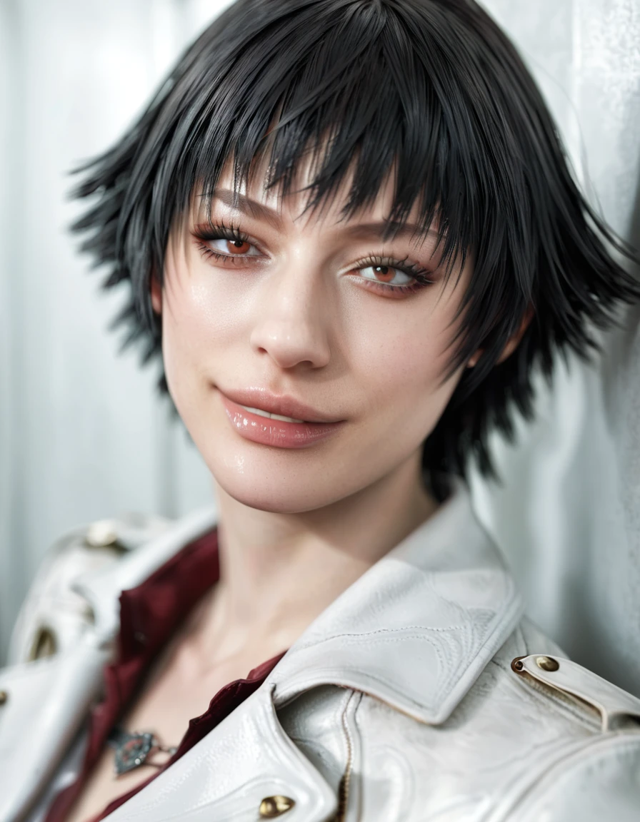 (best quality:1.2), lady (from devil may cry 5:1.1), white jacket, perfect face, portrait, perfect face, naughty face
