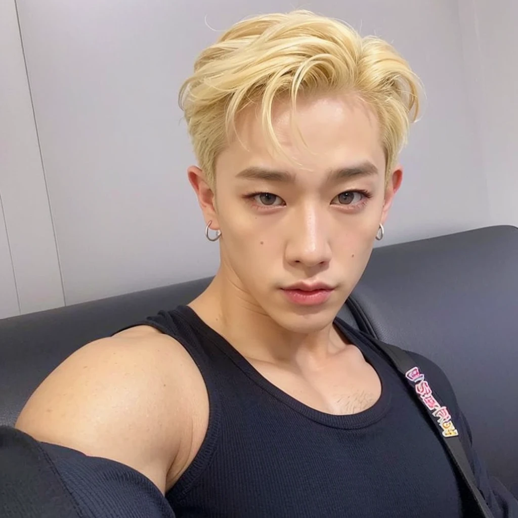 a cute asian man,monstax wonho, muscular,beautiful detailed eyes,beautiful detailed lips,extremely detailed eyes and face,longeyelashes,highres,8k,detailed,photorealistic,professional,vibrant colors,studio lighting, monstax wonho, big lips, Freckles