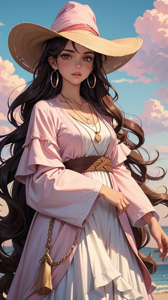 The digital illustration features a young woman with light skin and long, wavy, dark hair. She wore a tall, wide-brimmed hat like a witch in a fantasy game. and clothes flowing in layers that mixes red and beige tones Her face is delicate. He had a calm expression and slightly parted lips. She accessorized with large round earrings and a red pendant necklace. The background is a lively sky with fluffy clouds. Painted in shades of pink, blue and white, it creates a dreamy and surreal atmosphere.