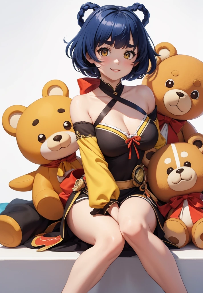 Masterpiece, Best Quality, 1 girl, looking at the viewer, sitting, White background, Xiangling (Genshin Impact), blue hair, short hair, plush toy, sideways, barefoot, hair ornament, breasts, Stuffed animal, alone, parted lips, fringe, bare shoulders, yellow eyes, shirt, looking to the side, Wariza, shirt blanca, breasts pequeños, Fork, bare shoulders, holding up, thick eyebrows, bare legs, fringe romo, SMILE, Teddy bear, long sleeves, Brown eyes, open clothing, braid, Alternative costume, outdated, camialone, tight