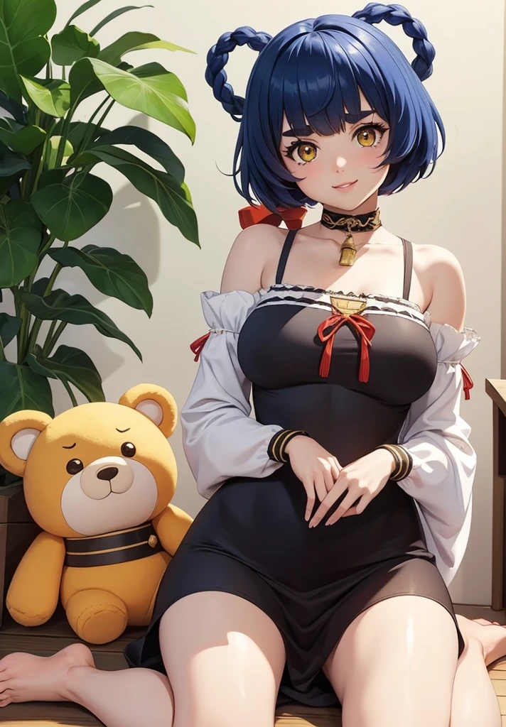 Masterpiece, Best Quality, 1 girl, looking at the viewer, sitting, White background, Xiangling (Genshin Impact), blue hair, short hair, plush toy, sideways, barefoot, hair ornament, breasts, Stuffed animal, alone, parted lips, fringe, bare shoulders, yellow eyes, shirt, looking to the side, Wariza, shirt blanca, breasts pequeños, Fork, bare shoulders, holding up, thick eyebrows, bare legs, fringe romo, SMILE, Teddy bear, long sleeves, Brown eyes, open clothing, braid, Alternative costume, outdated, camialone, tight
