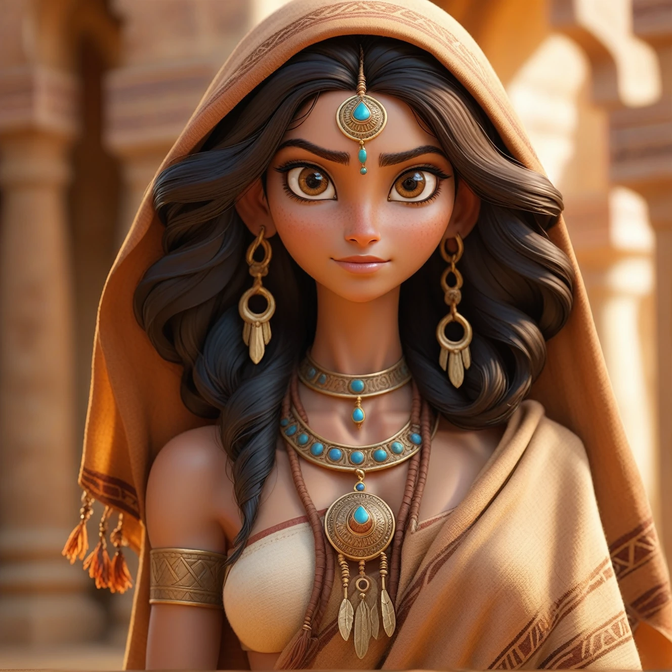 ancient babylon, 8k, dslr photo, 1 female sultry priestess looking at camera, studio quality, photorealistic , happy, intricate lined wool fringed tasseled shawl (navel), hyperrealism,1.8 Canon 100mm F2.8,soft moisturized glossy tanned skin,skin grain, skin texture, old leather, mole, intricate jewelry,overglaze,indian, curled ringleted hair, light brown eyes,cast shadow, bokeh